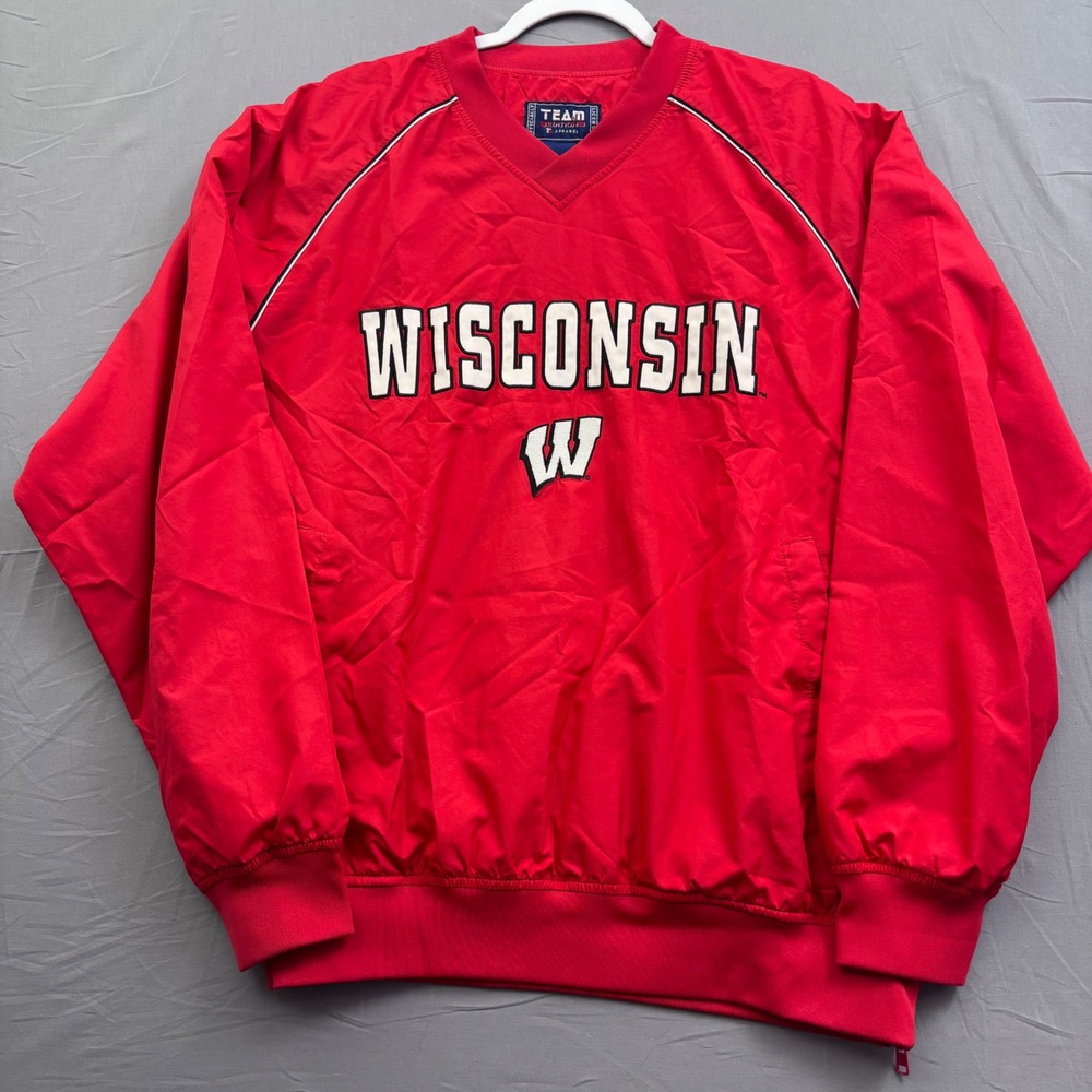 Vtg Team Edition Wisconsin Badgers V-Neck Windbreaker Pullover Red Mens Large
